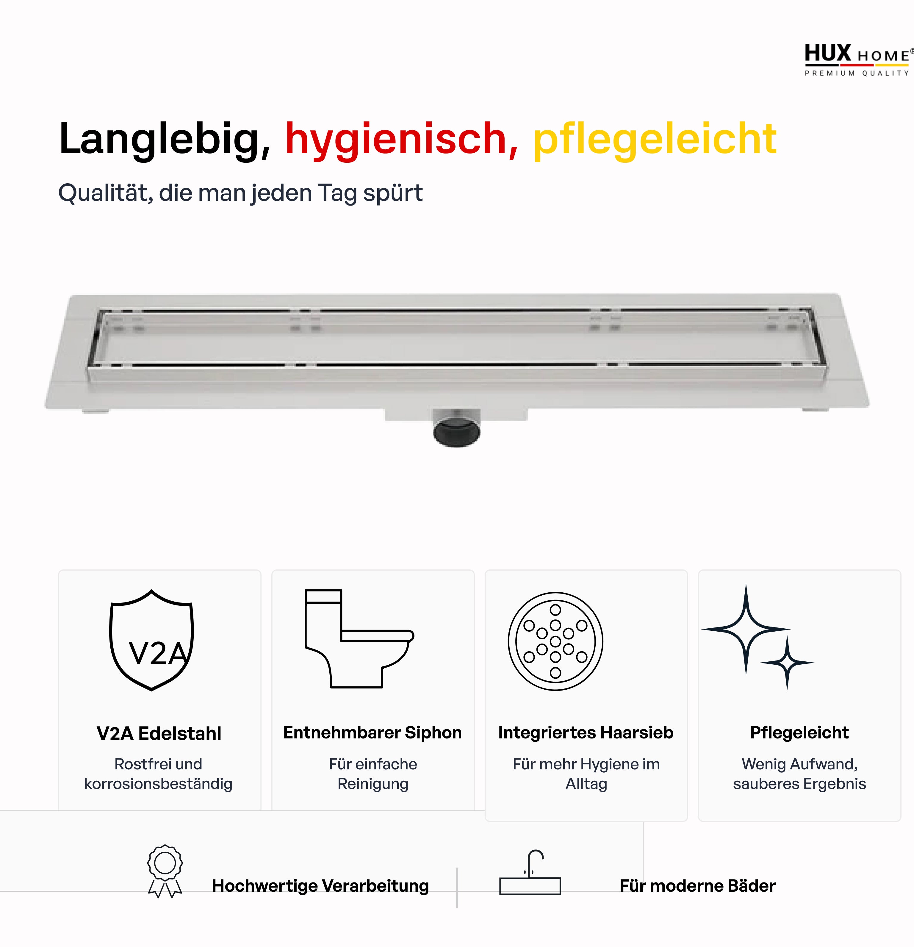 HUX-HOME® PREMIUM K Duschrinne befliesbar 60-120 cm aus Edelstahl nach DIN18534