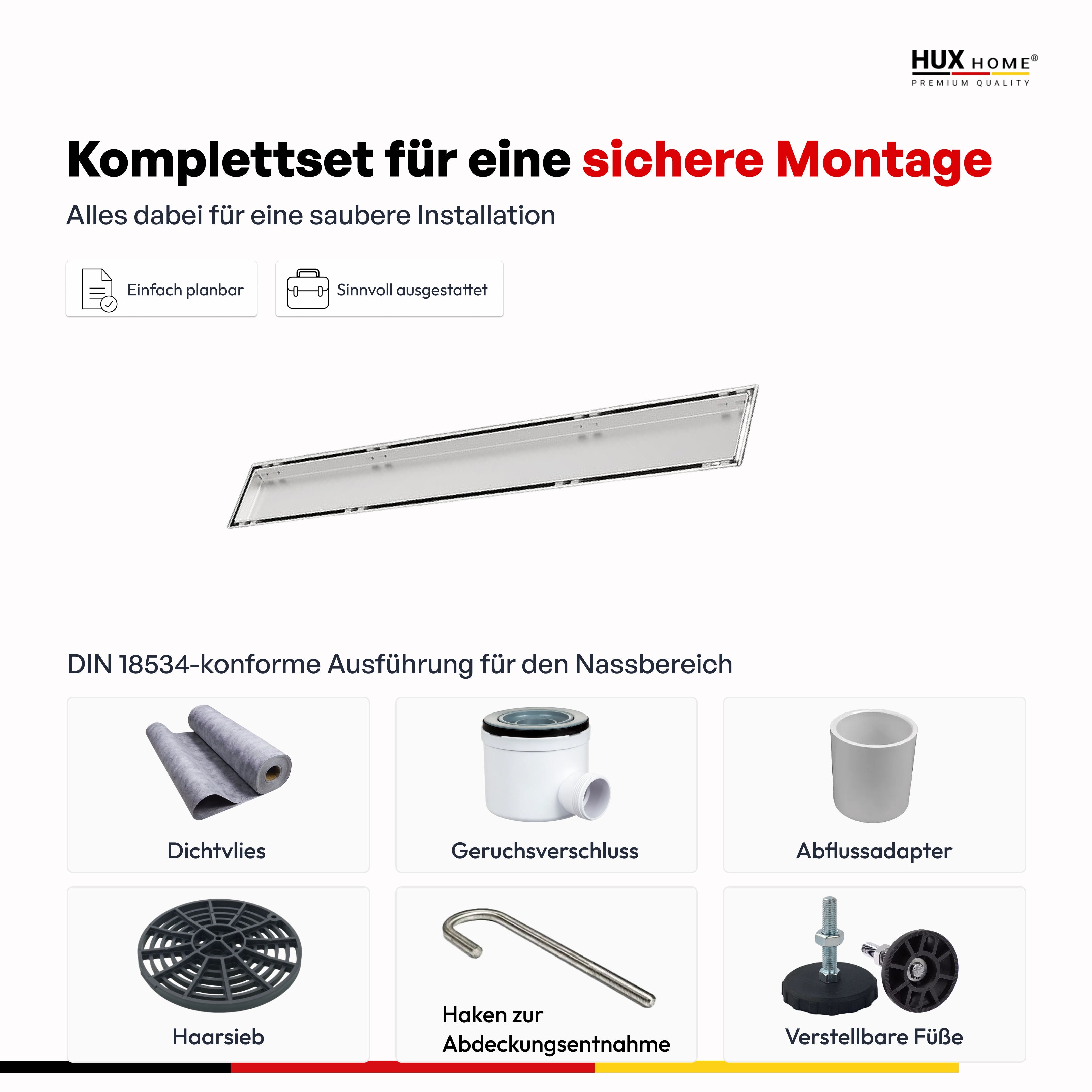 HUX-HOME® PREMIUM K Duschrinne befliesbar 60-120 cm aus Edelstahl nach DIN18534