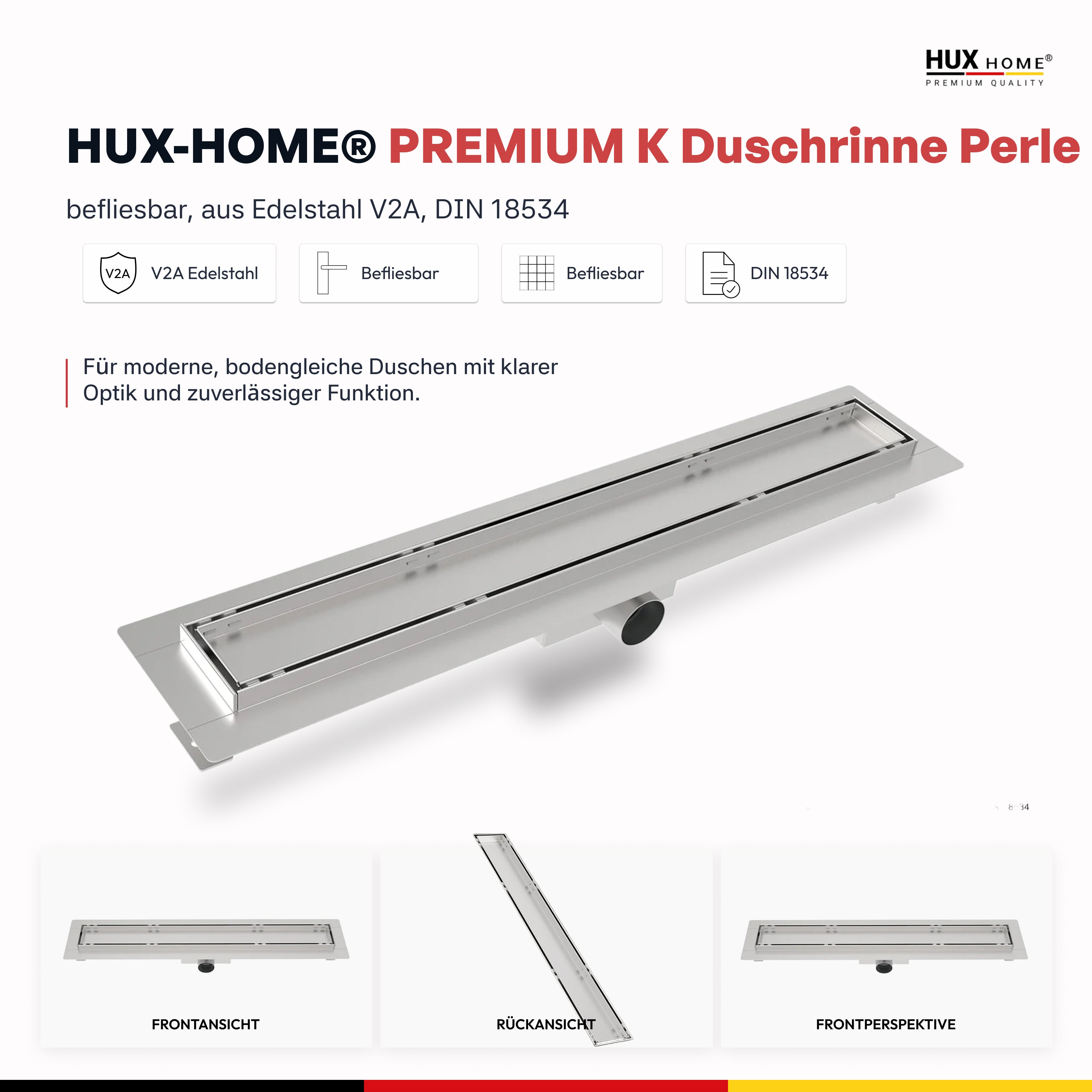 HUX-HOME® PREMIUM K Duschrinne befliesbar 60-120 cm aus Edelstahl nach DIN18534